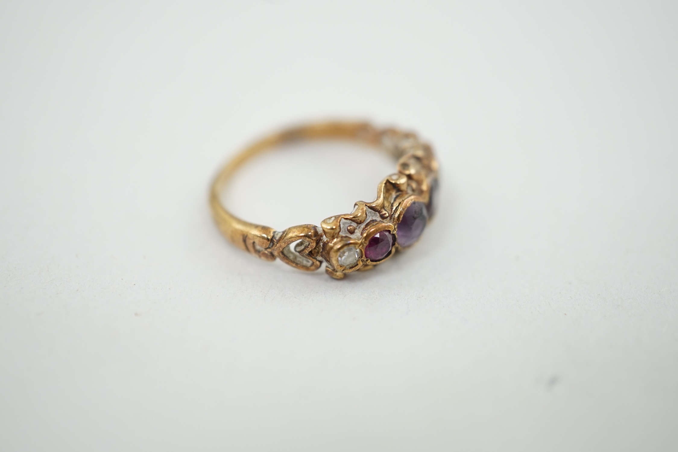 A 1970's Victorian style 9ct gold and gem set 'Regard' half hoop ring